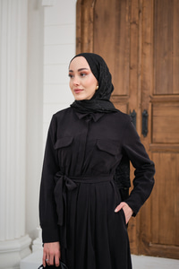 Beli Kuşak Detay Gömlek Elbise Siyah