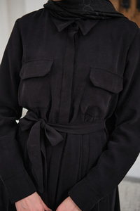 Beli Kuşak Detay Gömlek Elbise Siyah