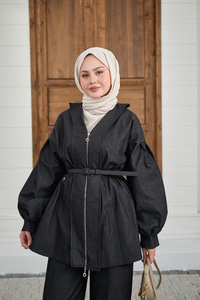 Beli Lastik Detay V Yaka Kemerli Takım Siyah