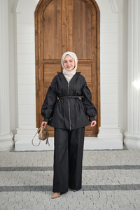 Beli Lastik Detay V Yaka Kemerli Takım Siyah