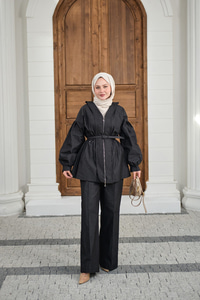 Beli Lastik Detay V Yaka Kemerli Takım Siyah