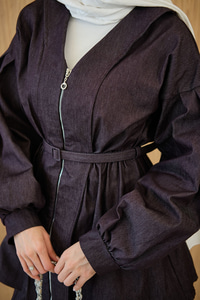 Beli Lastik Detay V Yaka Kemerli Takım Mor