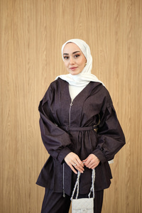 Beli Lastik Detay V Yaka Kemerli Takım Mor