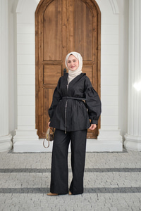 Beli Lastik Detay V Yaka Kemerli Takım Siyah