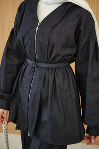 Beli Lastik Detay V Yaka Kemerli Takım Lacivert