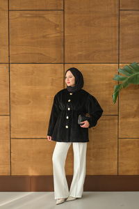 Beli Lastikli Angora Ceket Siyah