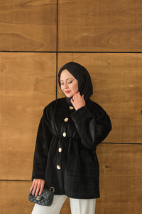 Beli Lastikli Angora Ceket Siyah