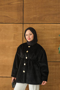 Beli Lastikli Angora Ceket Siyah