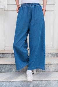 Beli lastikli Bol Paça Kot Pantolon Mavi