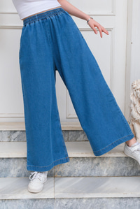 Beli lastikli Bol Paça Kot Pantolon Mavi