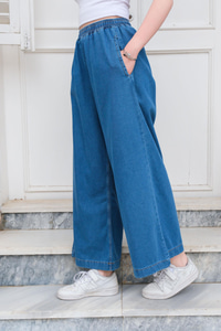 Beli lastikli Bol Paça Kot Pantolon Mavi