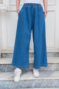 Beli lastikli Bol Paça Kot Pantolon Mavi