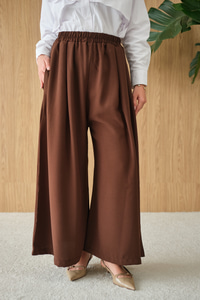 Beli Lastikli Bol Paça Kumaş Pantolon Kahverengi