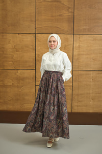 Beli Lastikli Cep Detay Etnik Desen Etek Bordo