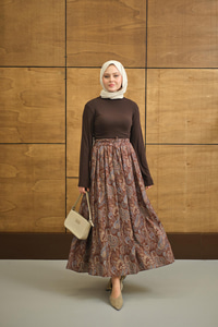 Beli Lastikli Cep Detay Etnik Desen Etek Kahverengi