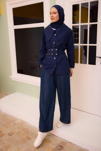 Beli Lastikli Cepli Bol Paça Pantolon Koyu Mavi