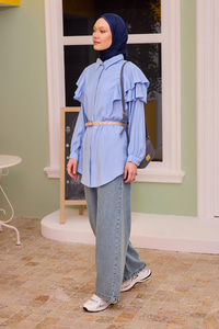 Beli Lastikli Cepli Bol Paça Pantolon Buz Mavi