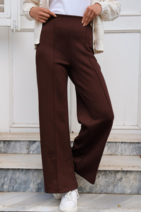 Beli Lastikli Çimalı İspanyol Paça Pantolon  Acı Kahve