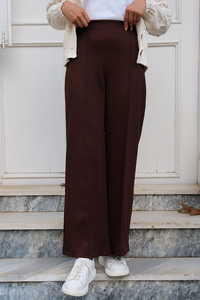 Beli Lastikli Çimalı İspanyol Paça Pantolon  Acı Kahve