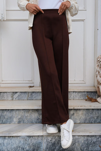 Beli Lastikli Çimalı İspanyol Paça Pantolon  Acı Kahve