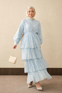 Beli Lastikli Gold Düğme Detaylı Volanlı Elbise Mavi