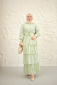 Beli Lastikli Gold Düğme Detaylı Volanlı Elbise Yeşil