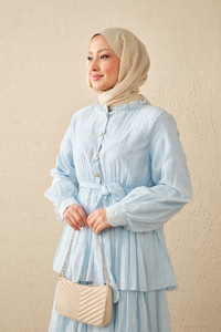 Beli Lastikli Gold Düğme Detaylı Volanlı Elbise Mavi