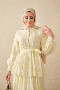 Beli Lastikli Gold Düğme Detaylı Volanlı Elbise Sarı