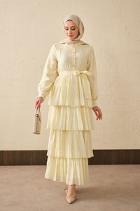 Beli Lastikli Gold Düğme Detaylı Volanlı Elbise Sarı