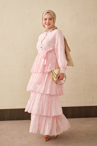 Beli Lastikli Gold Düğme Detaylı Volanlı Elbise Pembe