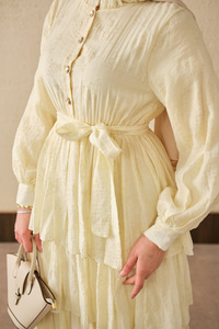 Beli Lastikli Gold Düğme Detaylı Volanlı Elbise Sarı