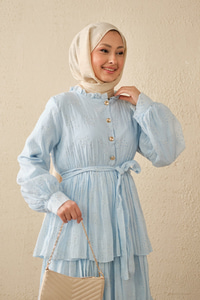 Beli Lastikli Gold Düğme Detaylı Volanlı Elbise Mavi