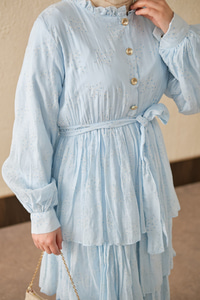 Beli Lastikli Gold Düğme Detaylı Volanlı Elbise Mavi