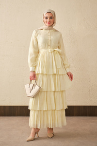 Beli Lastikli Gold Düğme Detaylı Volanlı Elbise Sarı