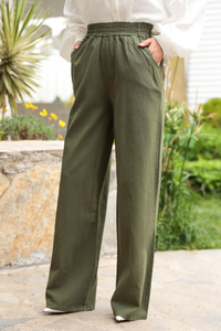 Beli Lastikli Keten Pantolon Haki Yeşil