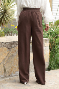 Beli Lastikli Keten Pantolon Kahverengi