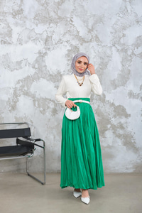 Beli Lastikli Kırışık Detay Etek Açık Yeşil