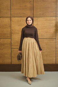 Beli Lastikli Kırışık Detay Etek Vizon