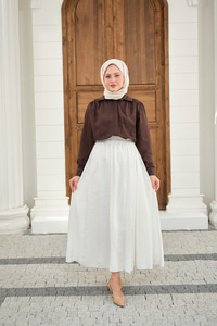 Beli Lastikli Kırışık Etek Beyaz