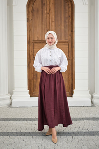 Beli Lastikli Kırışık Etek Bordo