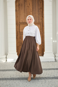 Beli Lastikli Kırışık Etek Kahverengi