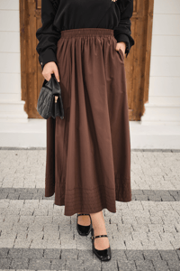 Beli Lastikli Kırışık Etek Kahverengi