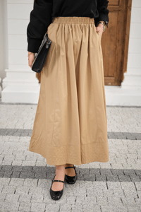 Beli Lastikli Kırışık Etek Krem