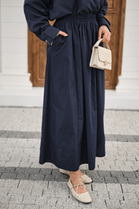 Beli Lastikli Kırışık Etek Lacivert