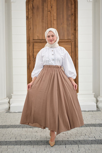 Beli Lastikli Kırışık Etek Vizon