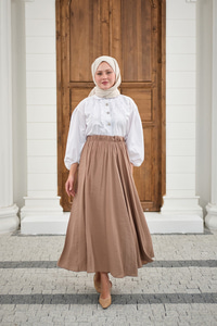 Beli Lastikli Kırışık Etek Vizon