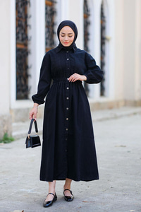 Beli Lastikli Kot Elbise Siyah