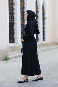 Beli Lastikli Kot Elbise Siyah