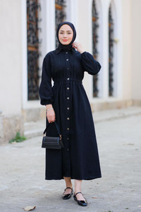 Beli Lastikli Kot Elbise Siyah