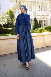 Beli Lastikli Kraş Etek  İndigo Mavi